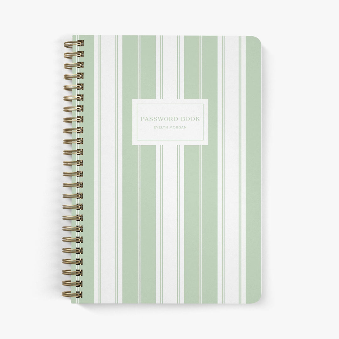 Custom password notebook featuring a nautically inspired green and white stripe design with gold binding