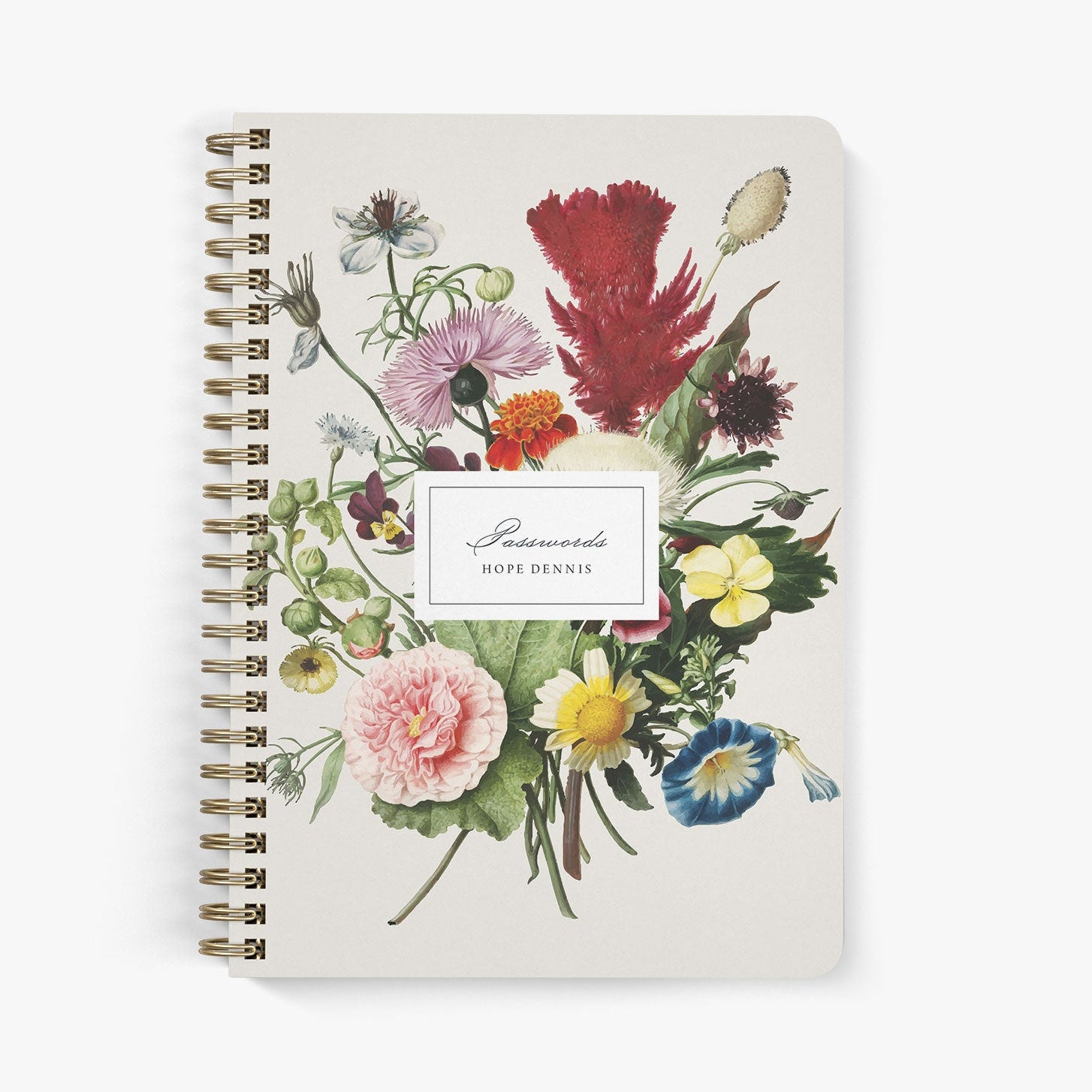 Custom password book with vintage bouquet on a beige background with gold wire binding