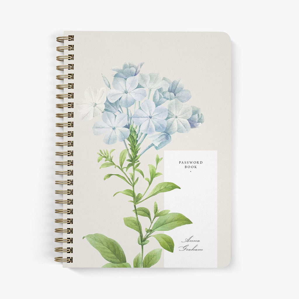 Custom password book with vintage hydrangea stem on a beige background with gold binding