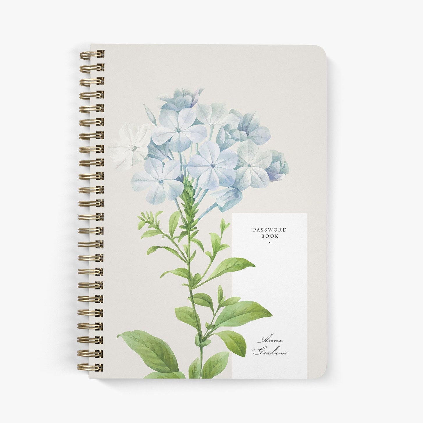 Custom password book with vintage hydrangea stem on a beige background with gold binding
