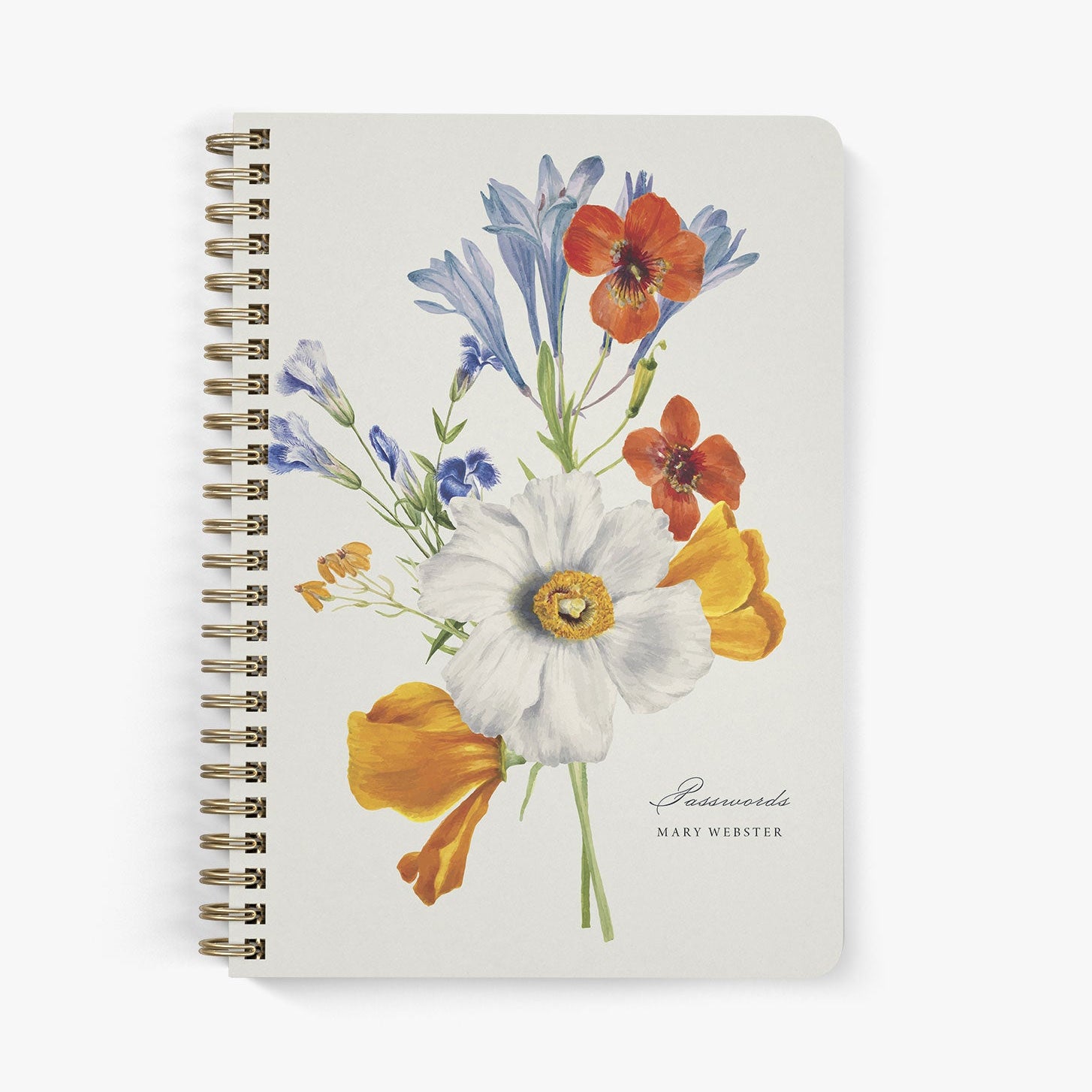 Custom password book with a botanical floral sprig bouquet on a beige background with gold wire binding