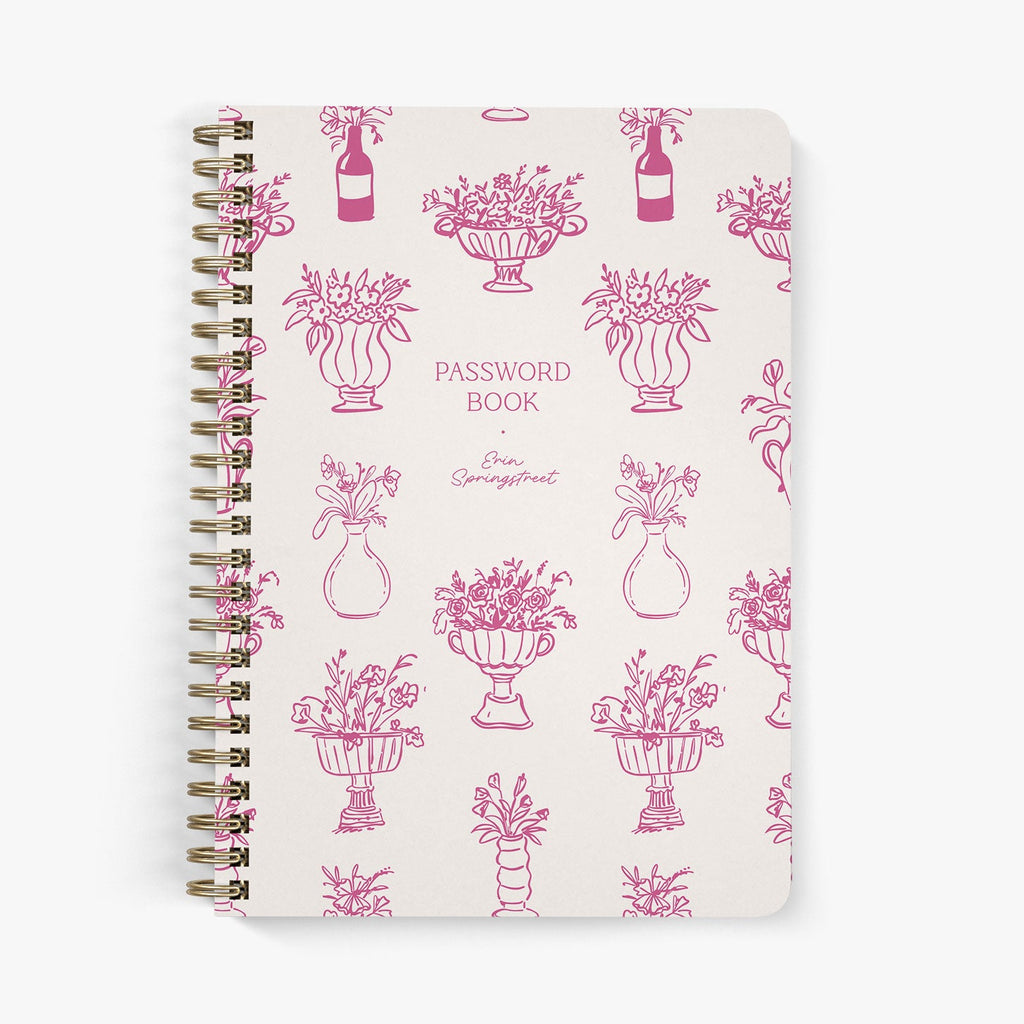 Custom password book with whimsical florals in pink vases on a white background