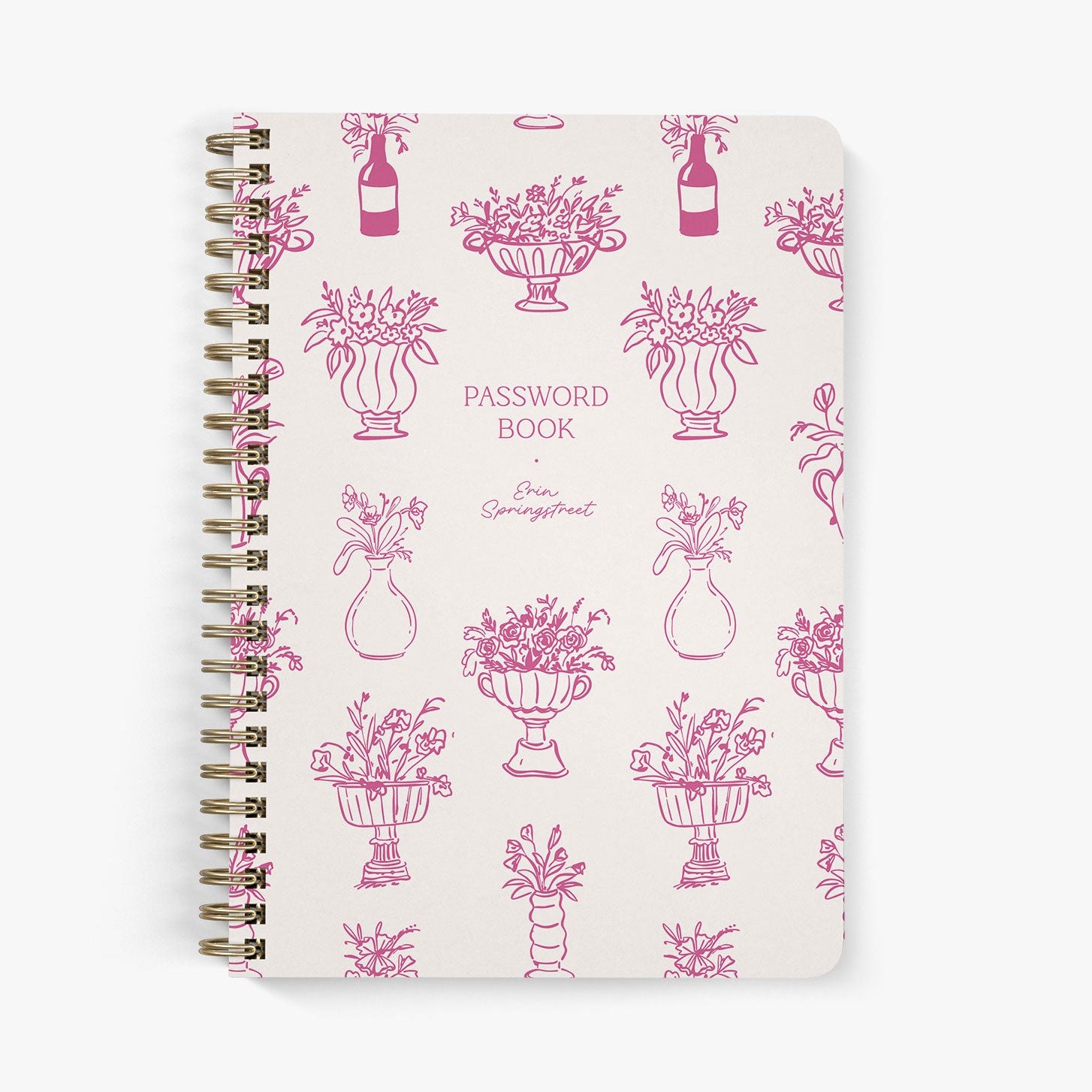 Custom password book with whimsical florals in pink vases on a white background