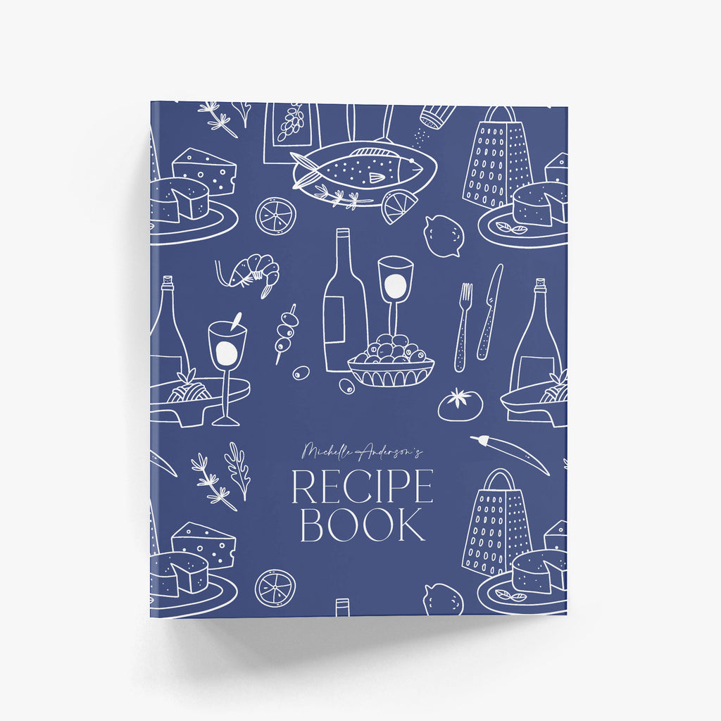 Custom recipe binder with illustrations of a Mediterranean-style menu inspired by the Amalfi Coast