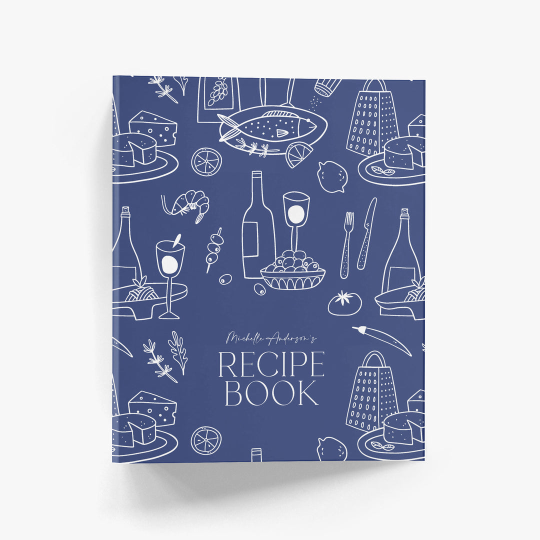 Custom recipe binder with illustrations of a Mediterranean-style menu inspired by the Amalfi Coast