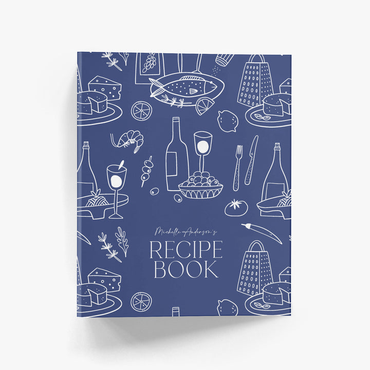 Custom recipe binder with illustrations of a Mediterranean-style menu inspired by the Amalfi Coast