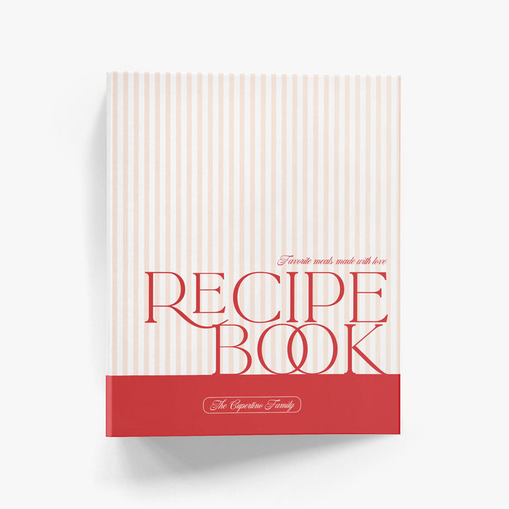 Personalized recipe binder with a classic, nautically-inspired stripe design in pink, white and red on a white background