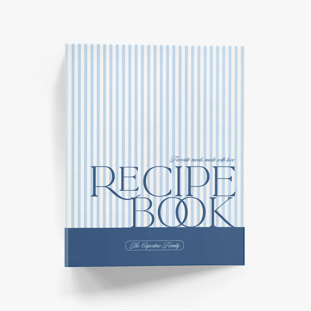 Personalized recipe binder with a classic, nautically-inspired stripe design in pink, white and red on a white background