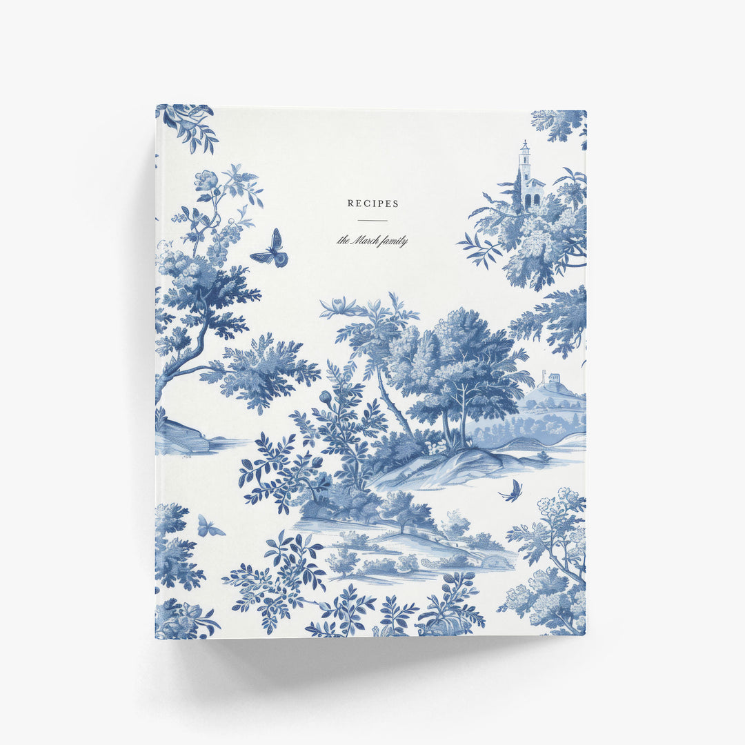 Personalized recipe binder featuring a classic blue and white toile design with your custom text