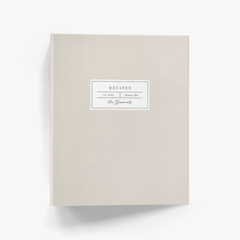 Custom recipe binder with a modern label design similar to old apothecary shops that is available in your choice of color.