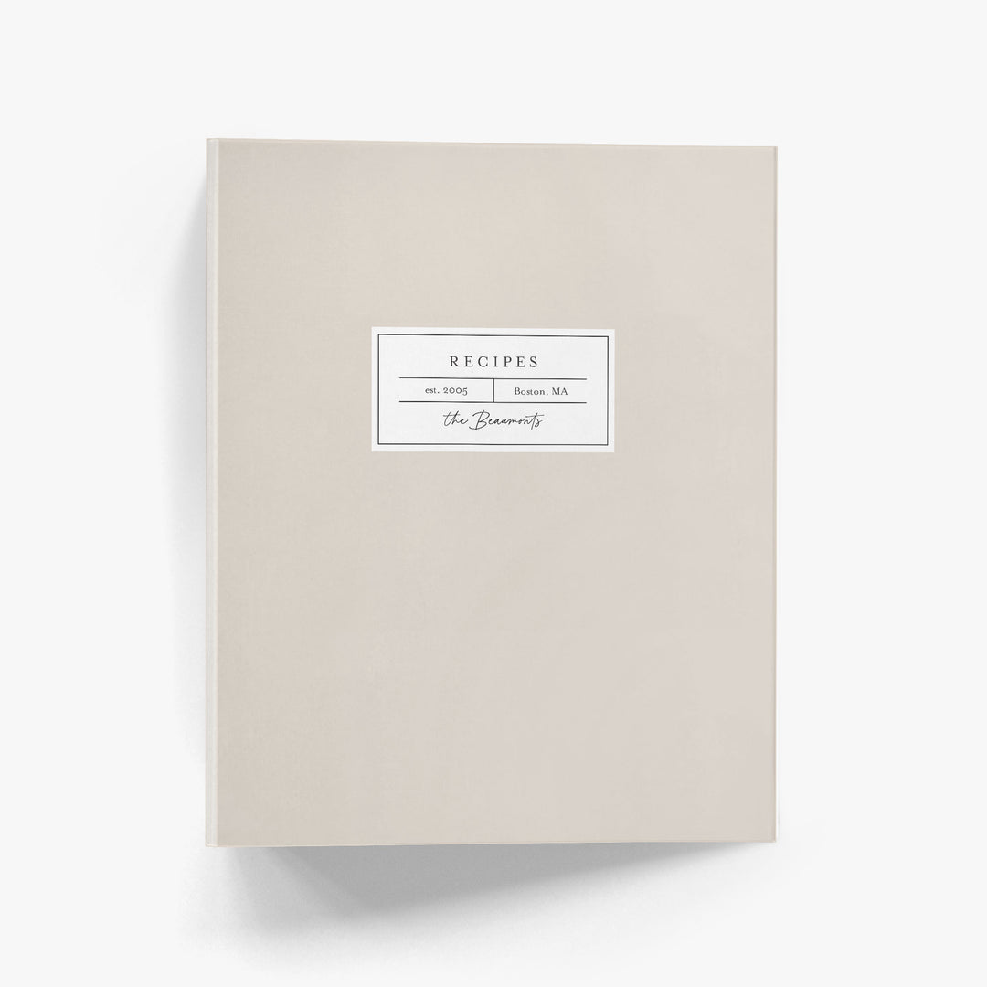 Custom recipe binder with a modern label design similar to old apothecary shops that is available in your choice of color.