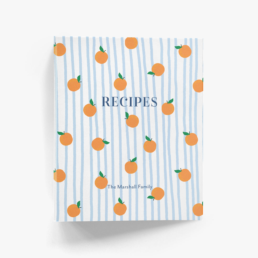 Custom recipe binder with blue and white stripe pattern and adorable oranges personalized with your name