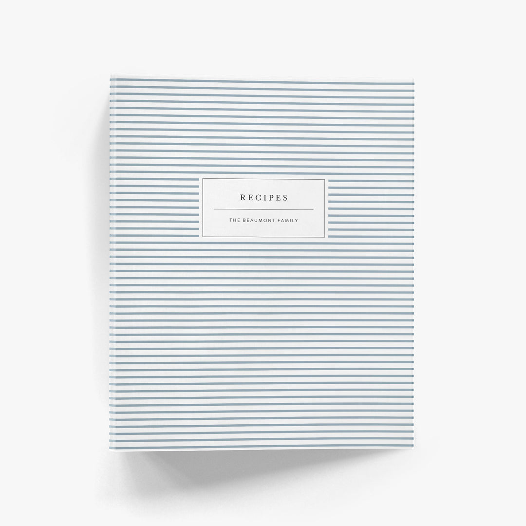 Custom recipe binder with a classic mini stripe design on a white background