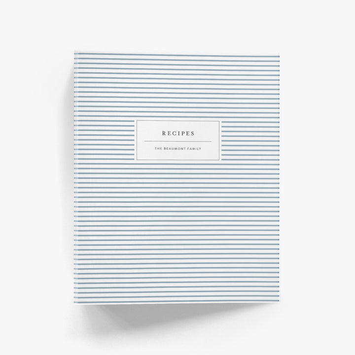 Custom recipe binder with a classic mini stripe design on a white background