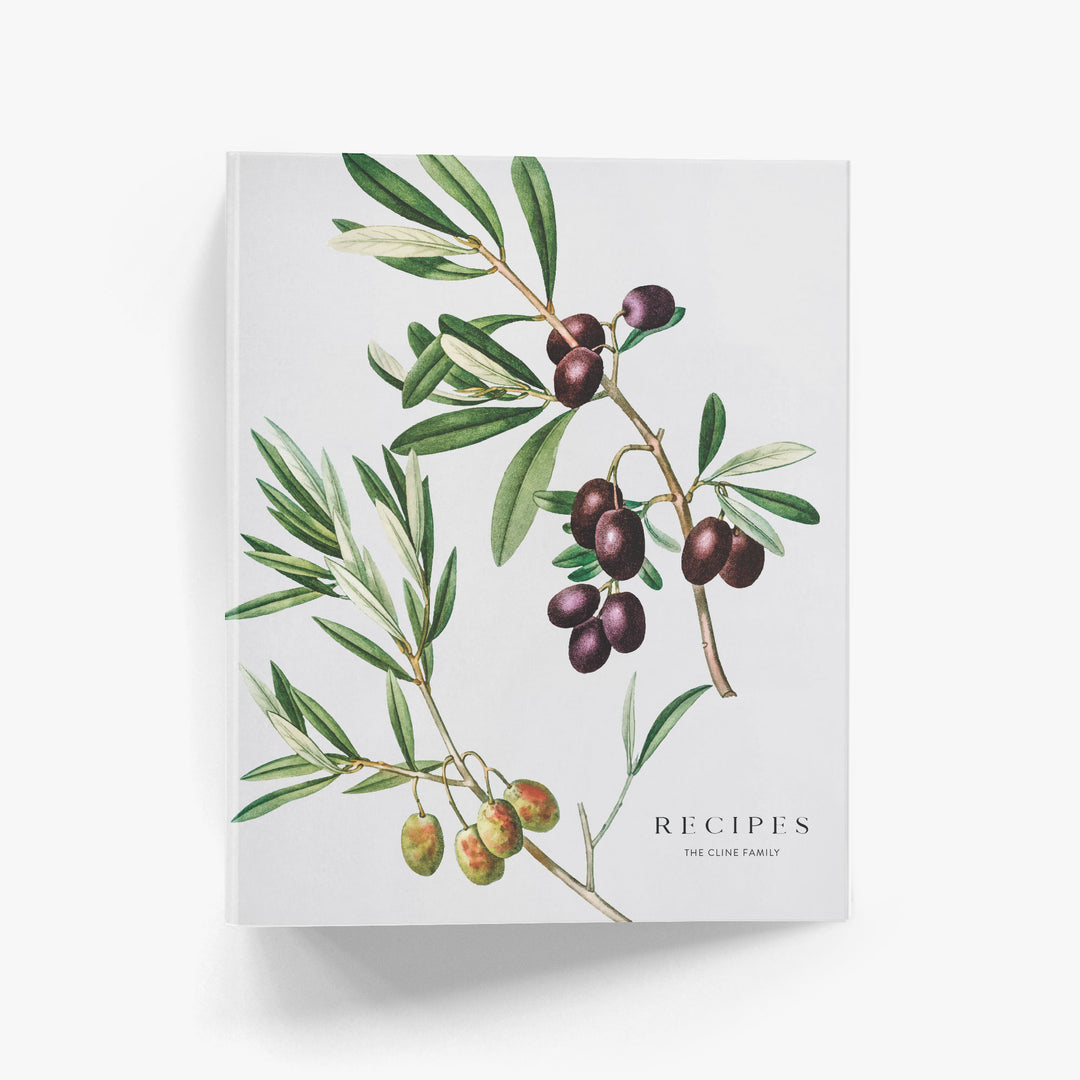 Custom recipe binder cover with olive branch illustration on a soft grey background