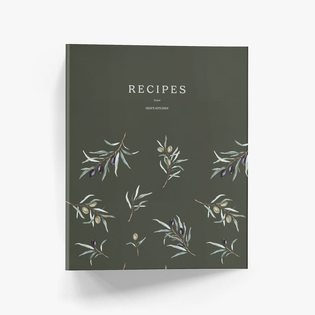 Personalized recipe binder with dark green background and pattern of watercolor olive steams and leaves