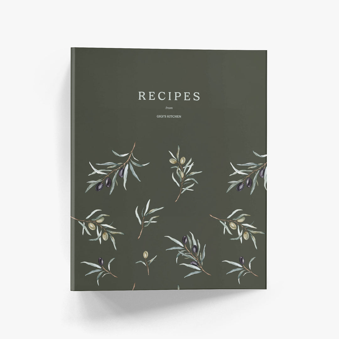 Personalized recipe binder with dark green background and pattern of watercolor olive steams and leaves