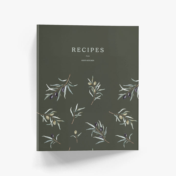 Personalized recipe binder with dark green background and pattern of watercolor olive steams and leaves