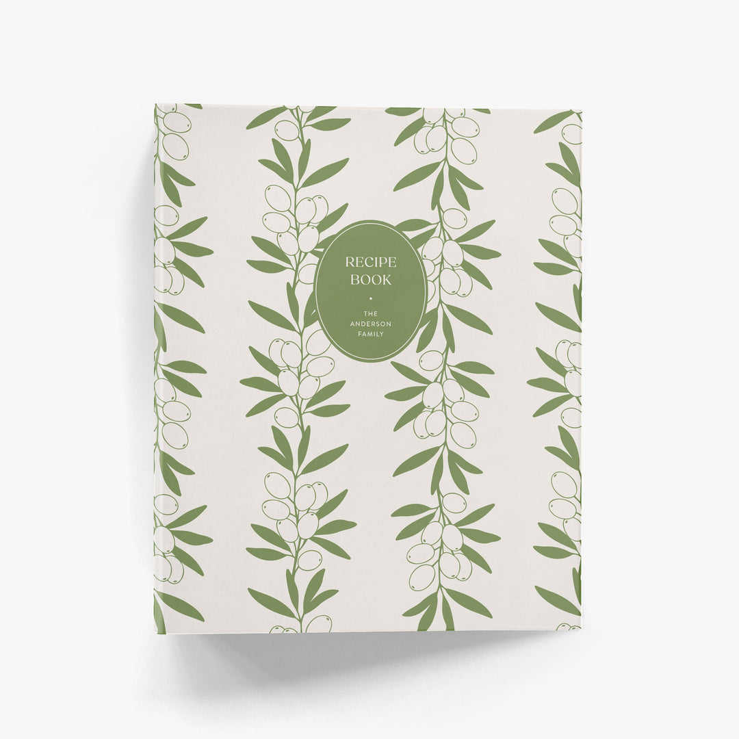 Personalized recipe binder with vintage inspired olive leaf design in green and cream