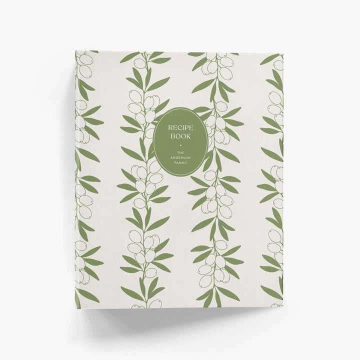 Personalized recipe binder with vintage inspired olive leaf design in green and cream