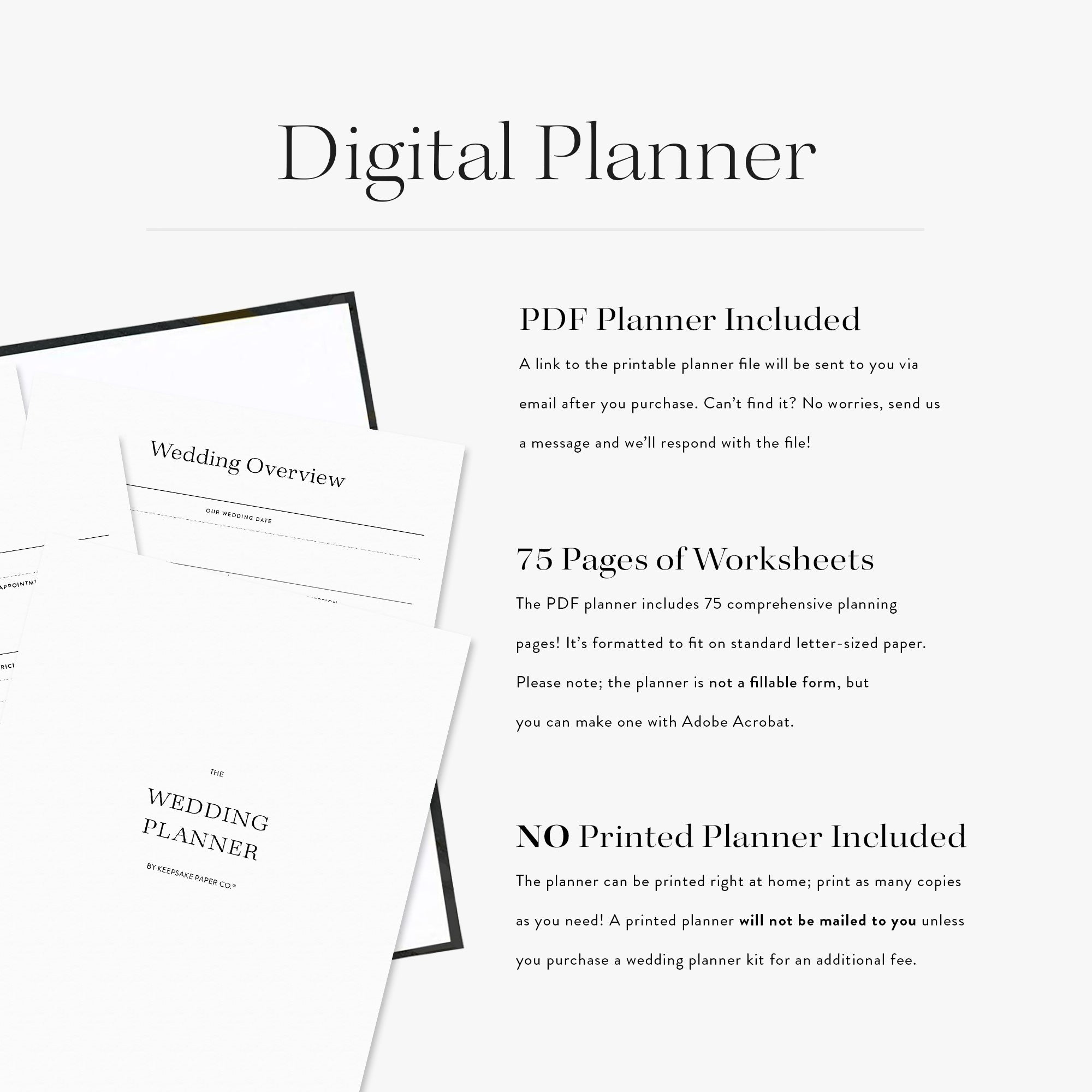 Our custom planning binders include a digital wedding planner that you can print out at home as many times as needed