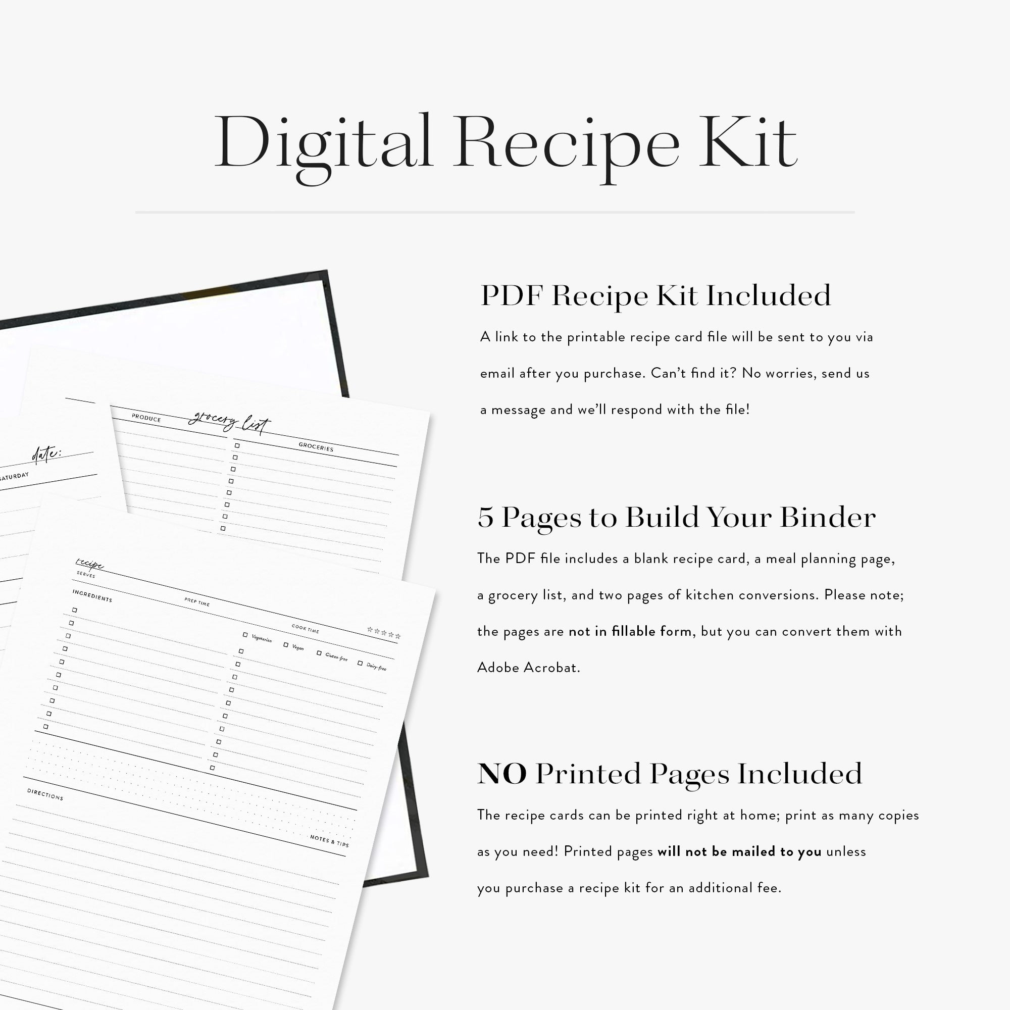 Our custom recipe binders include a link to a digital recipe kit with five different pages for you to print and create your own cookbook at home
