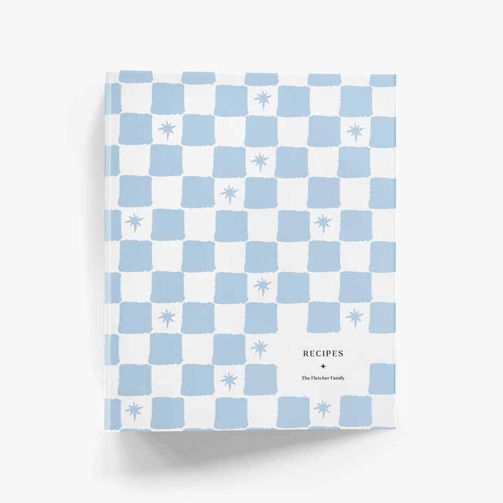 Custom recipe binder in a painterly checkerboard pattern that is inspired by Italian Summer in blue and white