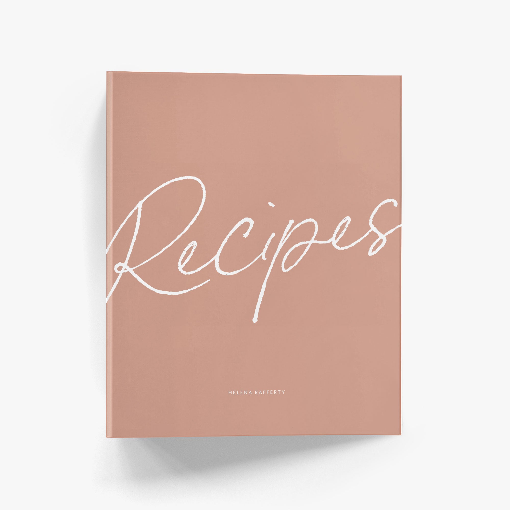 Custom recipe binder with bold calligraphy script says 'Recipes' on the cover above your personalization.