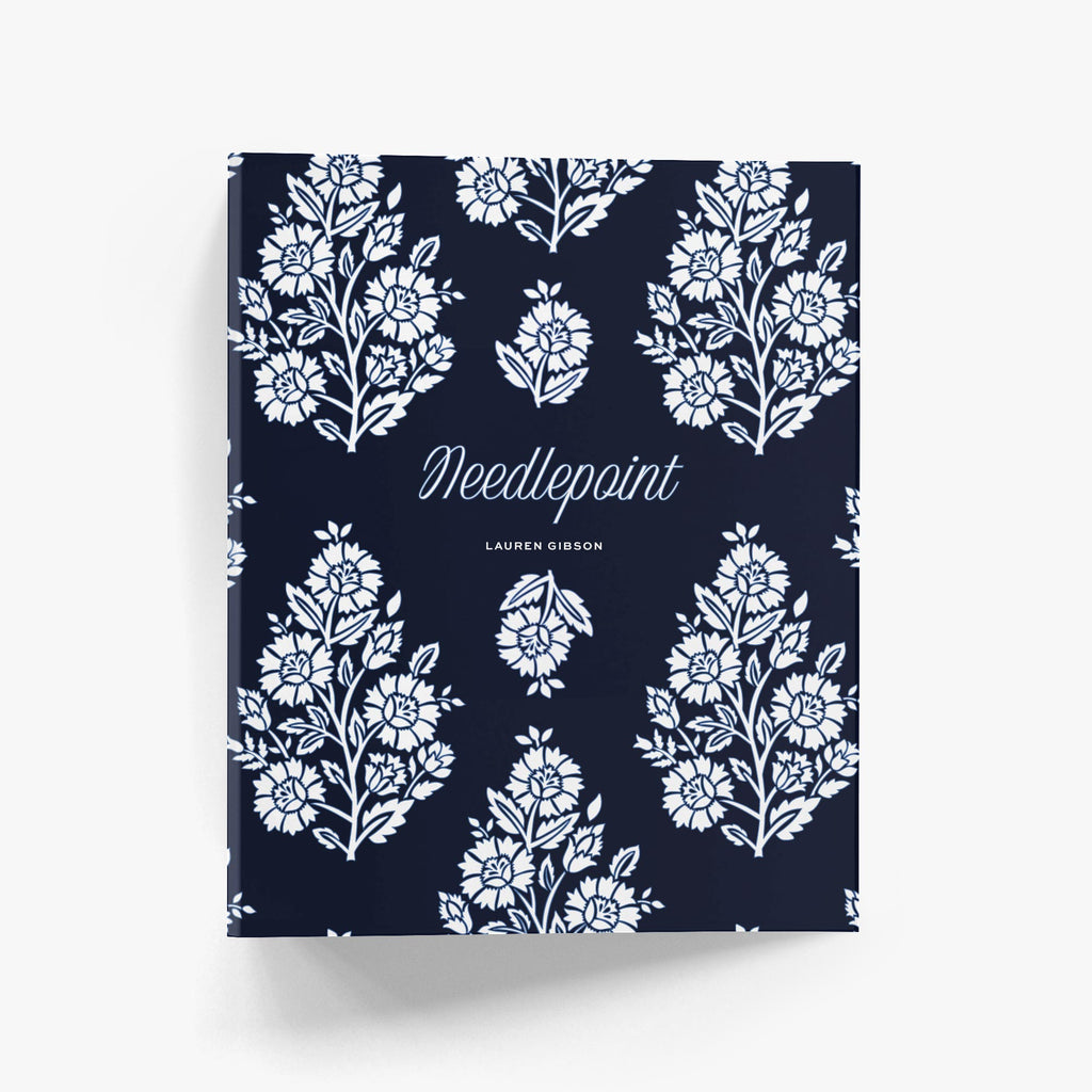 Personalized needlepoint binder in Summer House design featuring deep navy floral block print inspired by coastal summer homes and block print textiles.