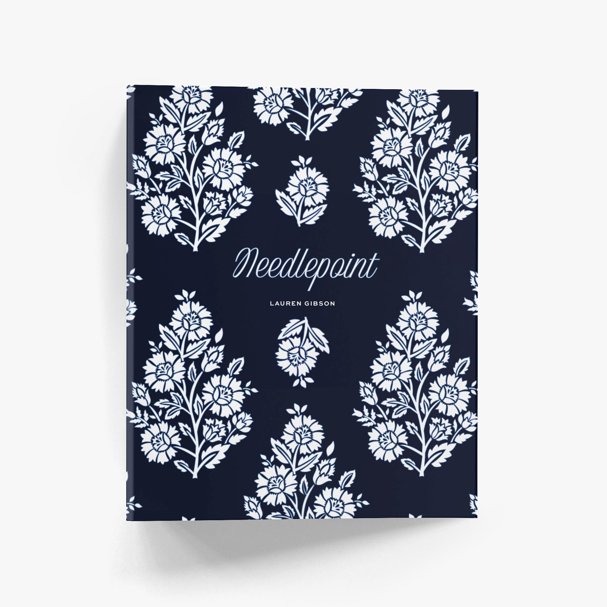 Personalized needlepoint binder in Summer House design featuring deep navy floral block print inspired by coastal summer homes and block print textiles.