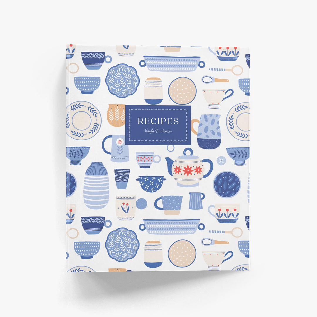 Personalized recipe binder with adorable pattern of blue & white dishes and vintage tea pots