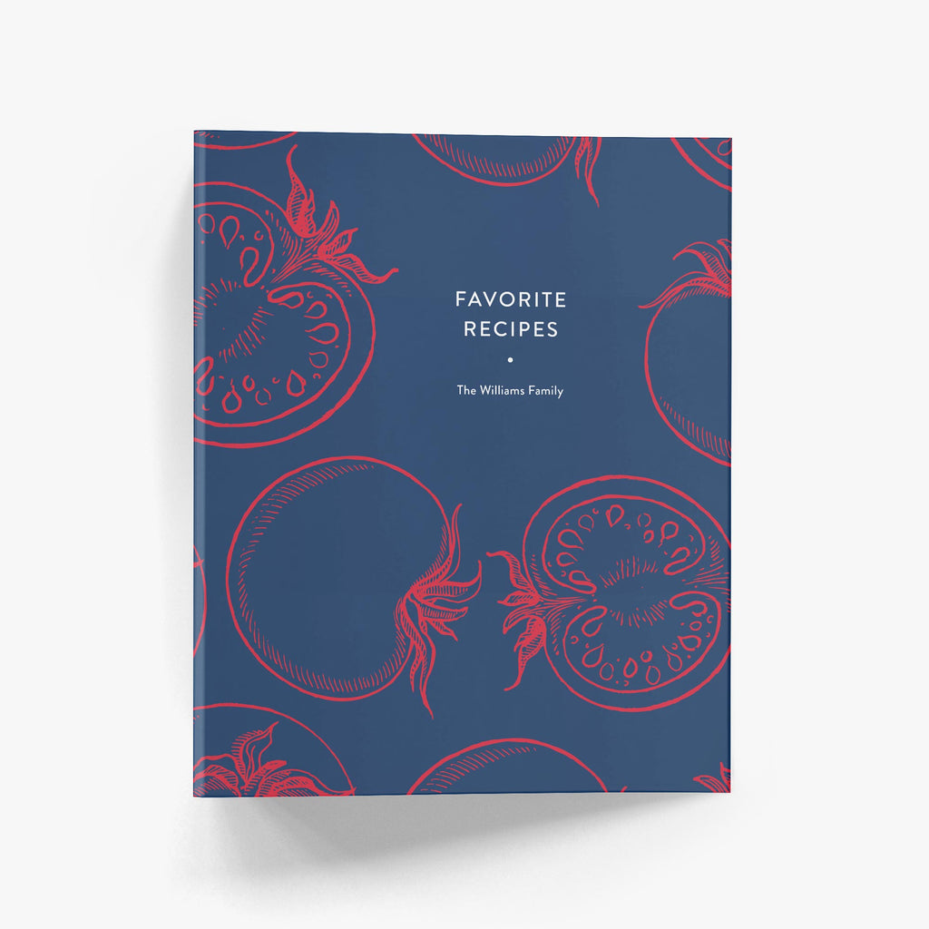 Custom recipe book with red and navy tomato design with 'Favorite Recipes' text and your personalization