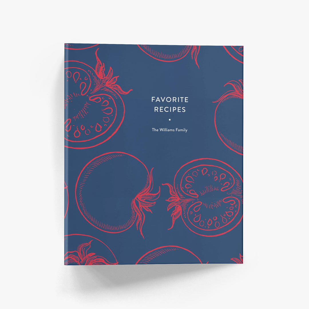 Custom recipe book with red and navy tomato design with 'Favorite Recipes' text and your personalization