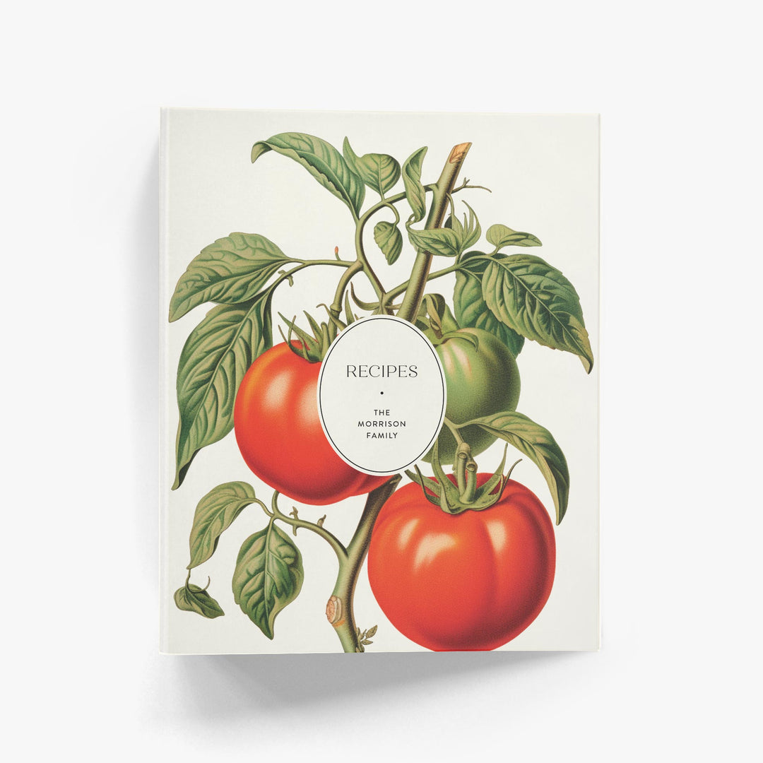 Custom recipe binder with vintage illustration of red and green tomatoes on a vine personalized with your name on the cover