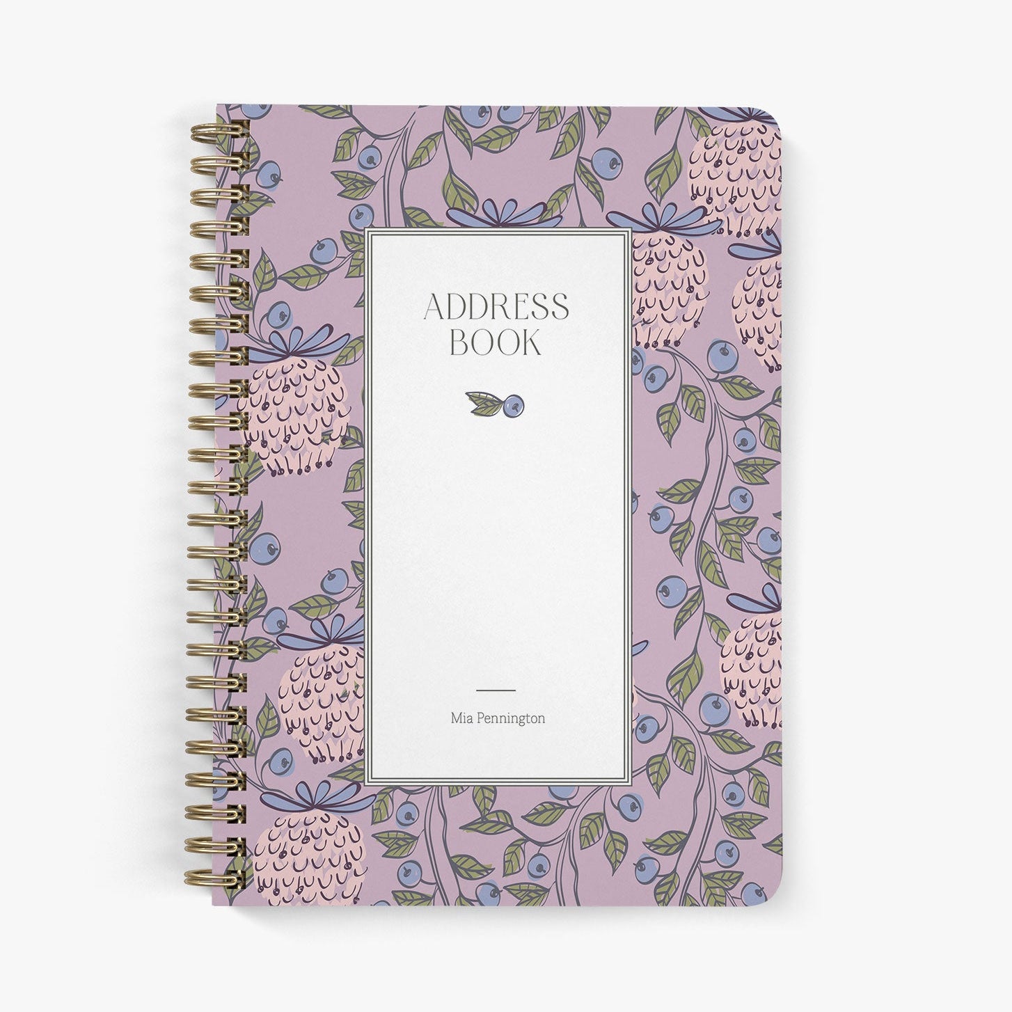 Custom address book with William Morris inspired berry garden design on a white background