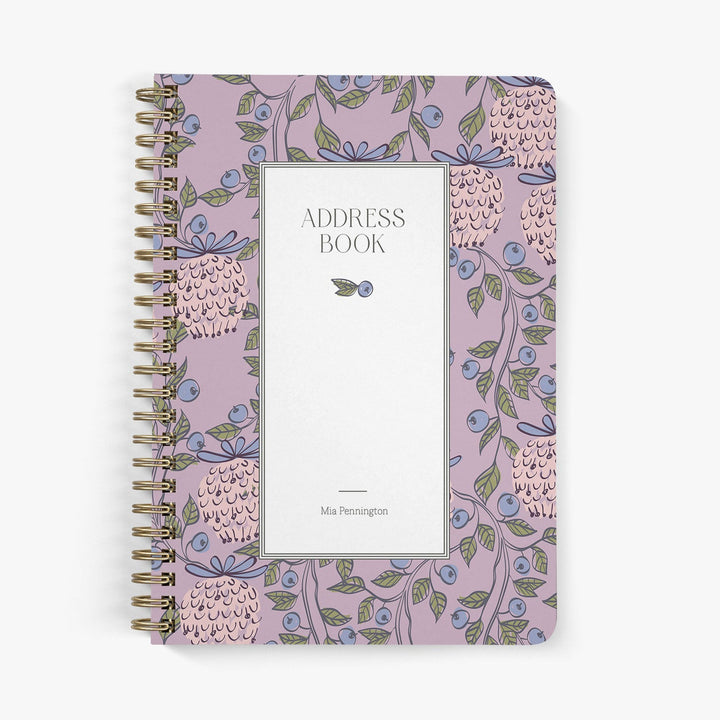 Custom address book with William Morris inspired berry garden design on a white background