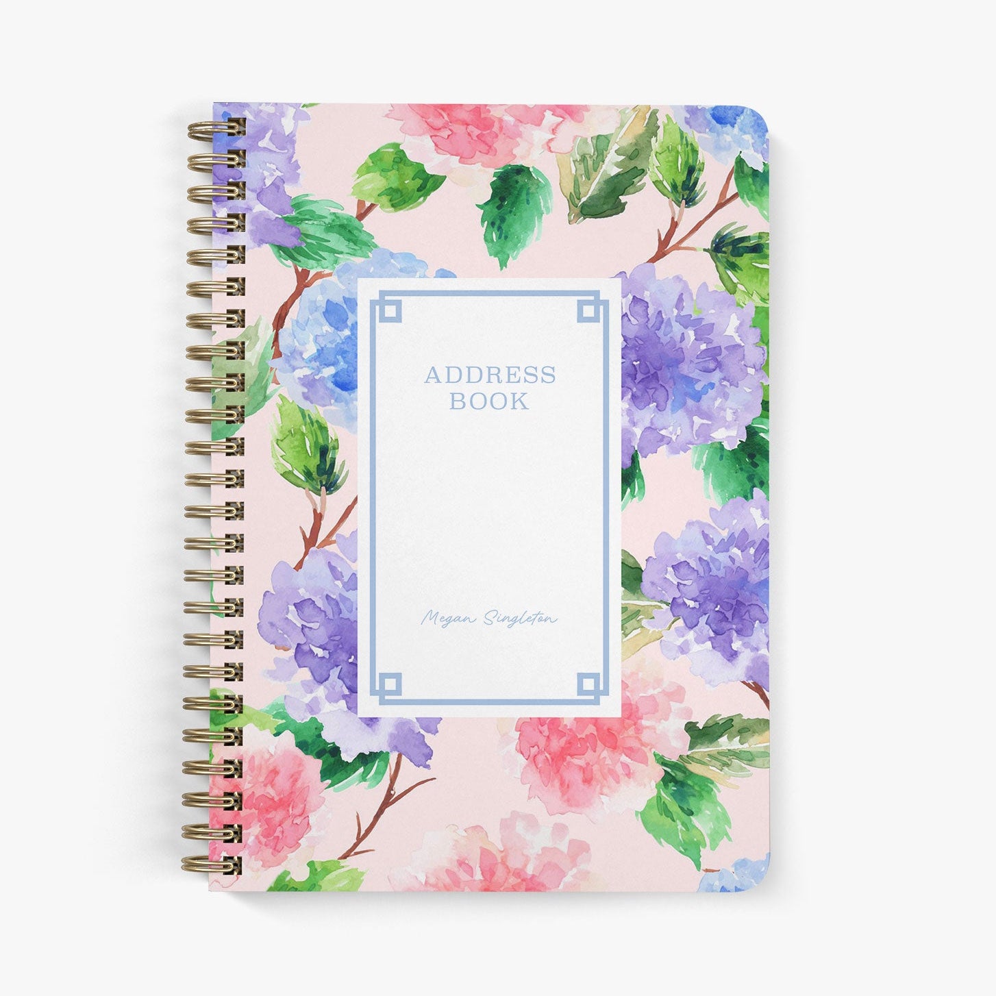 Custom address book with colorful hydrangea floral design on a white background
