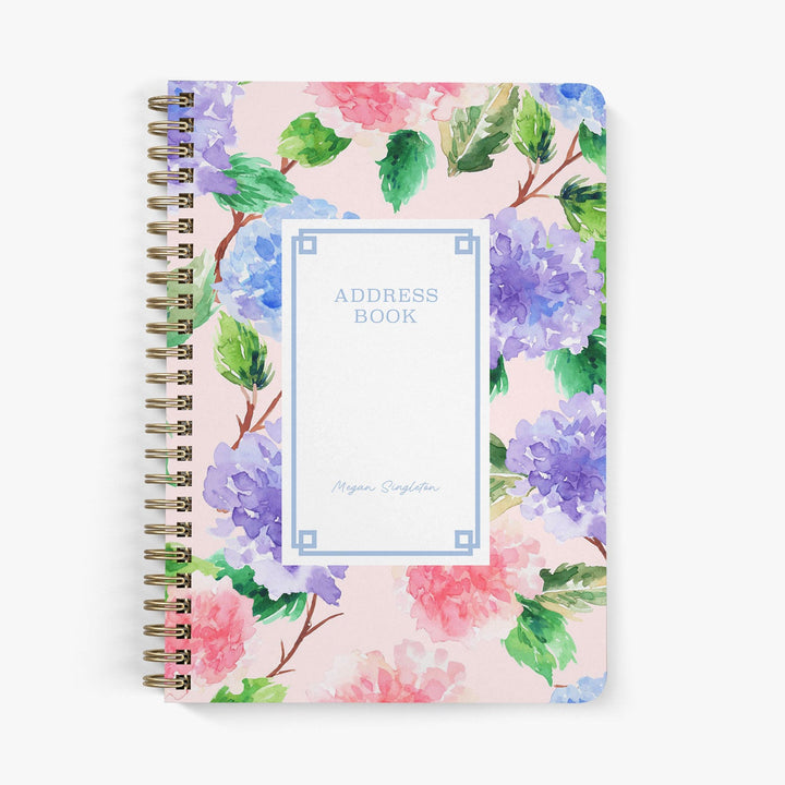 Custom address book with colorful hydrangea floral design on a white background