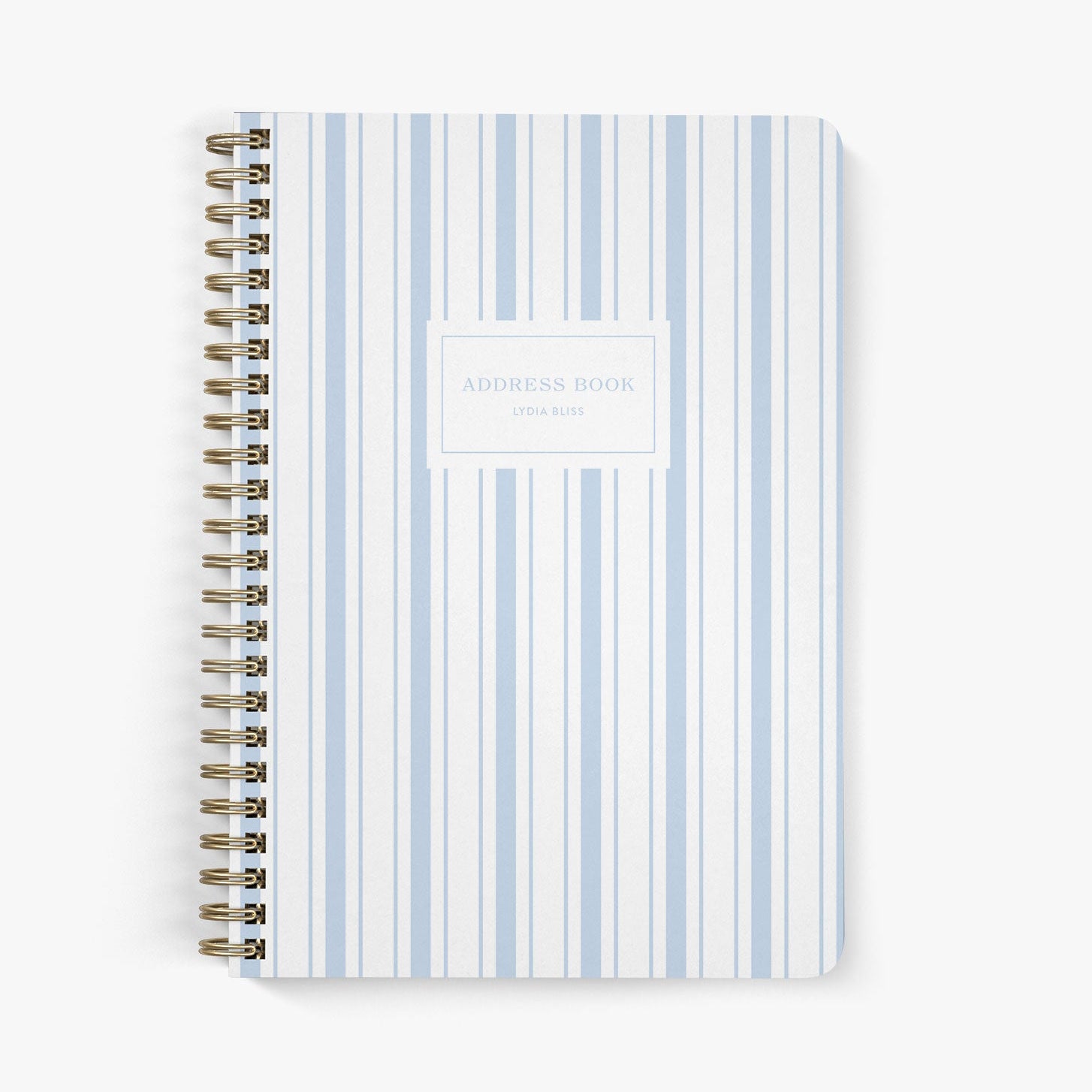 Address book with a nautically-inspired blue and white striped cover on a white background