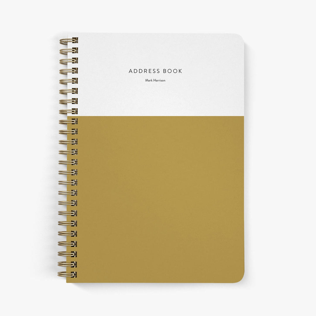 Custom address book with modern colorblock design on a white background