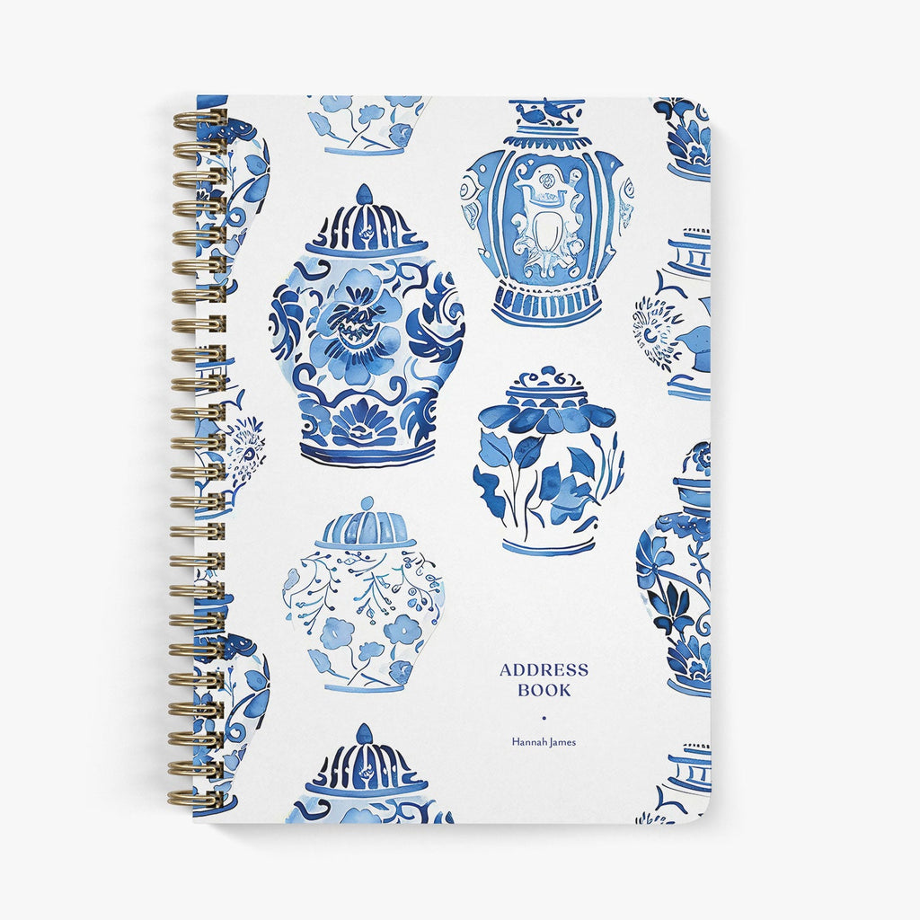 Custom address book with blue and white chinoiserie inspired design of floral ginger jars