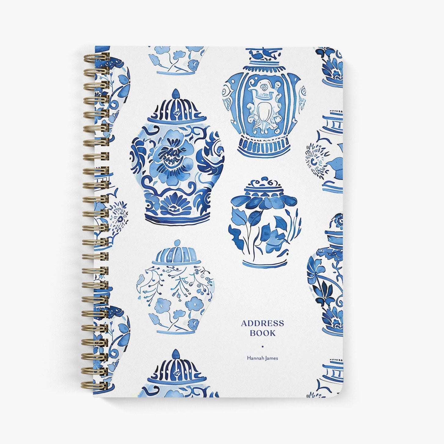 Custom address book with blue and white chinoiserie inspired design of floral ginger jars