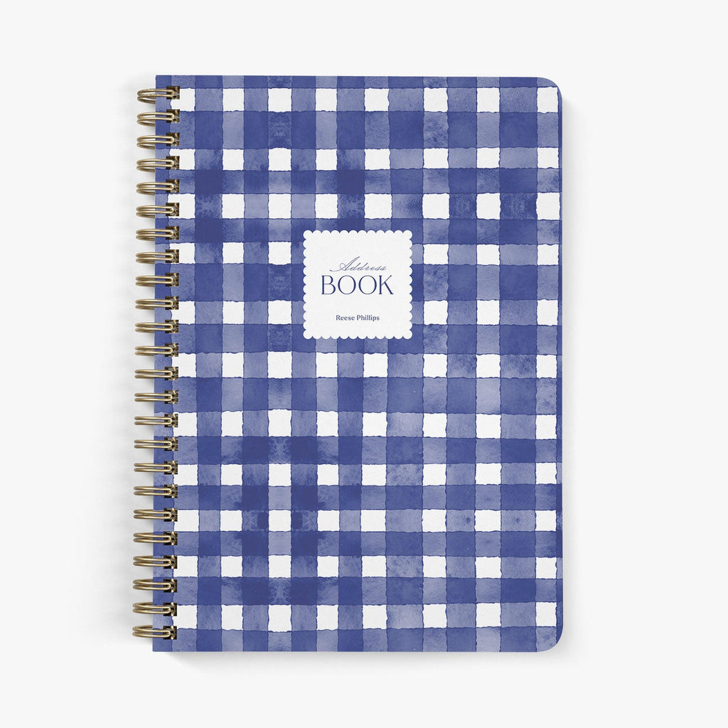 Custom address book with blue and white checkered gingham pattern on white background