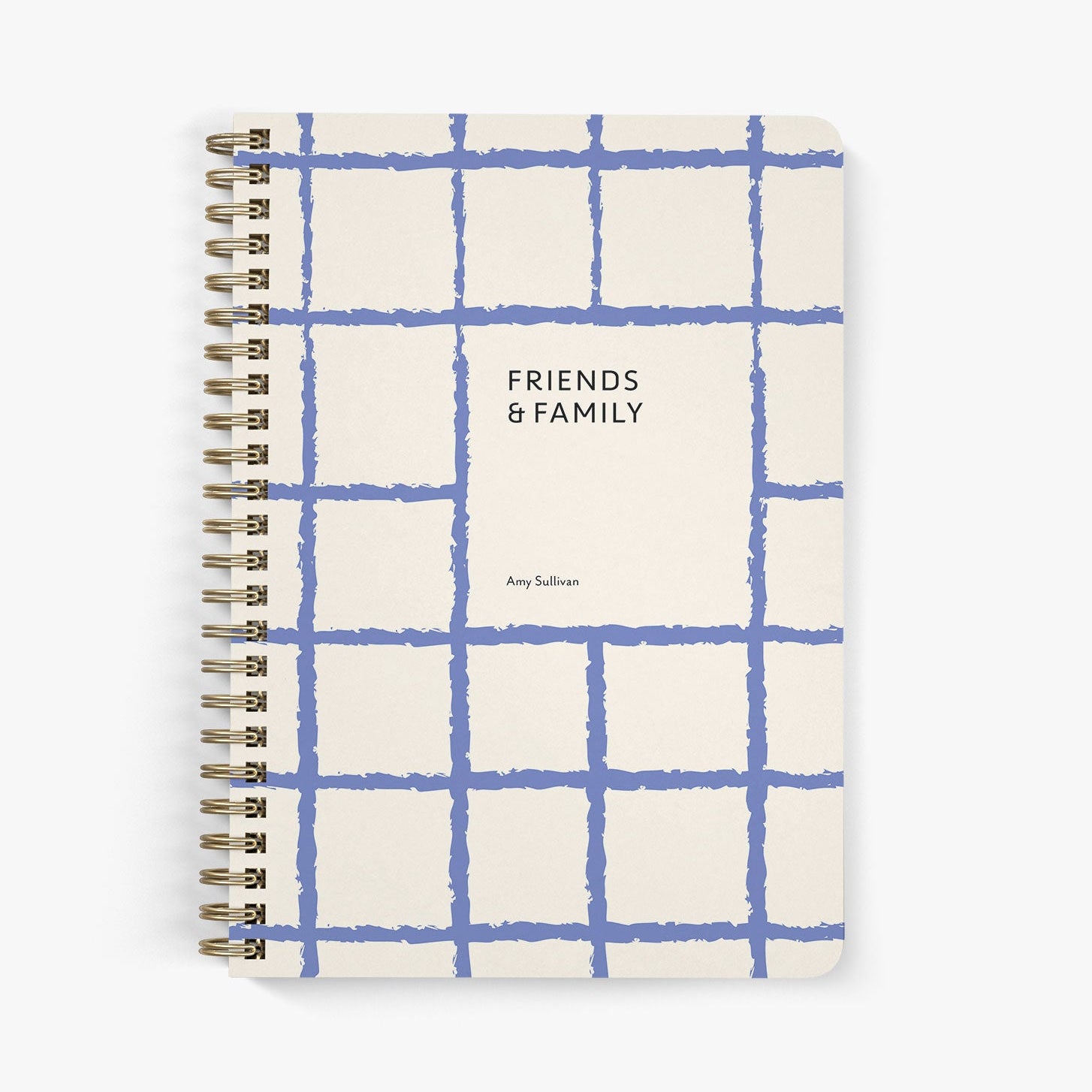 Address notebook with blue grid pattern and 'Friends & Family' text on a white background