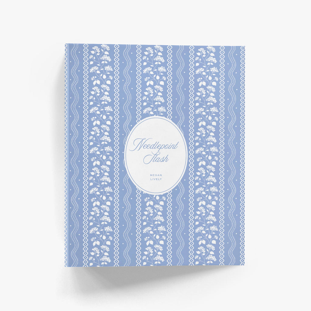 Personalized Heirloom Stripe needlepoint binder featuring soft blue floral stripes for organizing stitch guides, canvases, thread collections, and needlepoint projects.