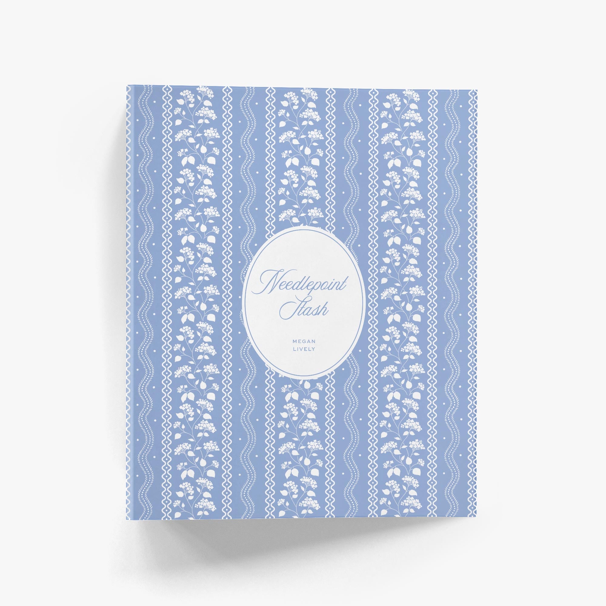 Personalized Heirloom Stripe needlepoint binder featuring soft blue floral stripes for organizing stitch guides, canvases, thread collections, and needlepoint projects.