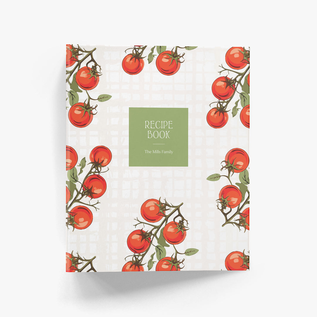 Custom recipe binder with a vintage-inspired tablecloth design of plump red tomatoes on green vines