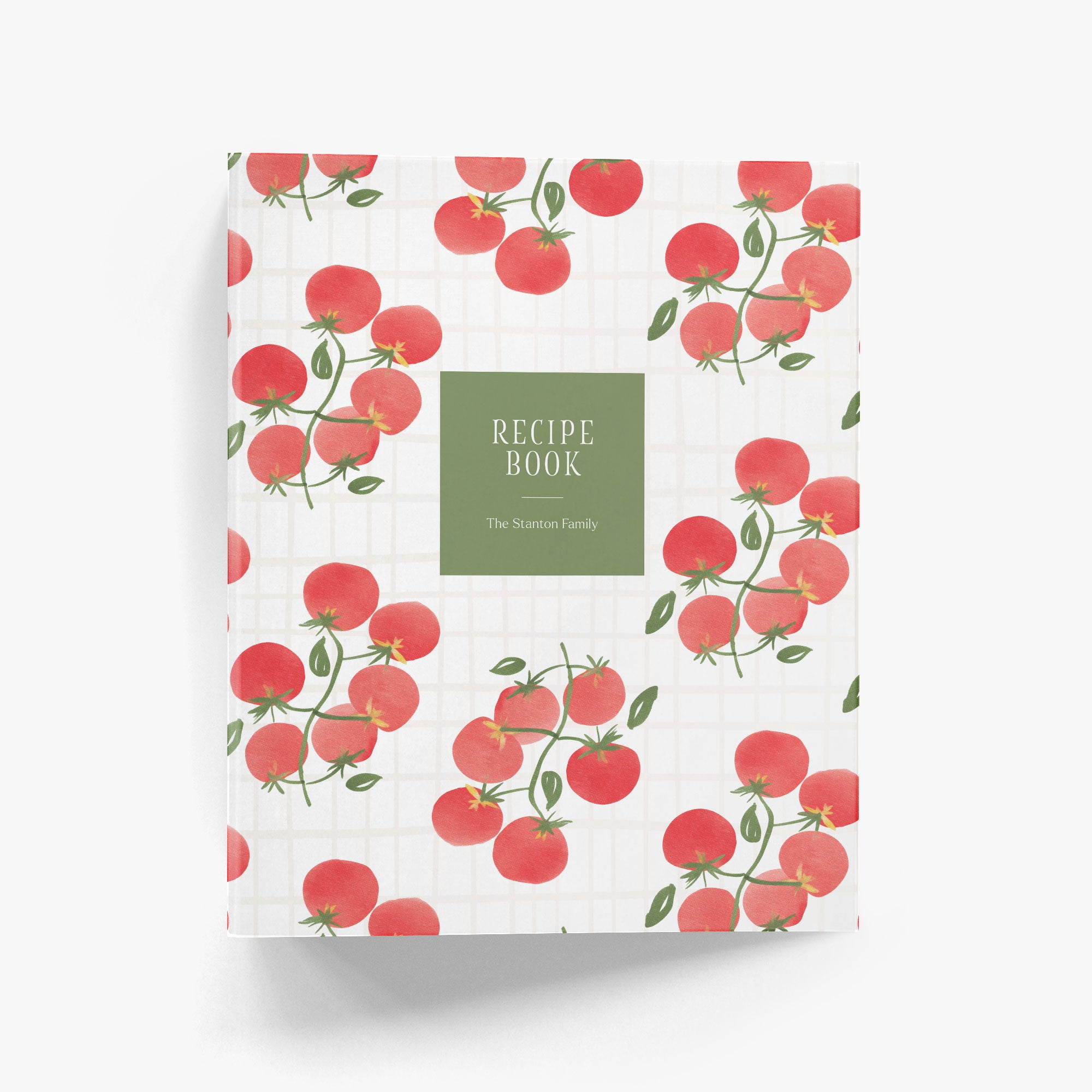 Custom recipe binder with a vintage-inspired tablecloth design of plump red tomatoes on green vines