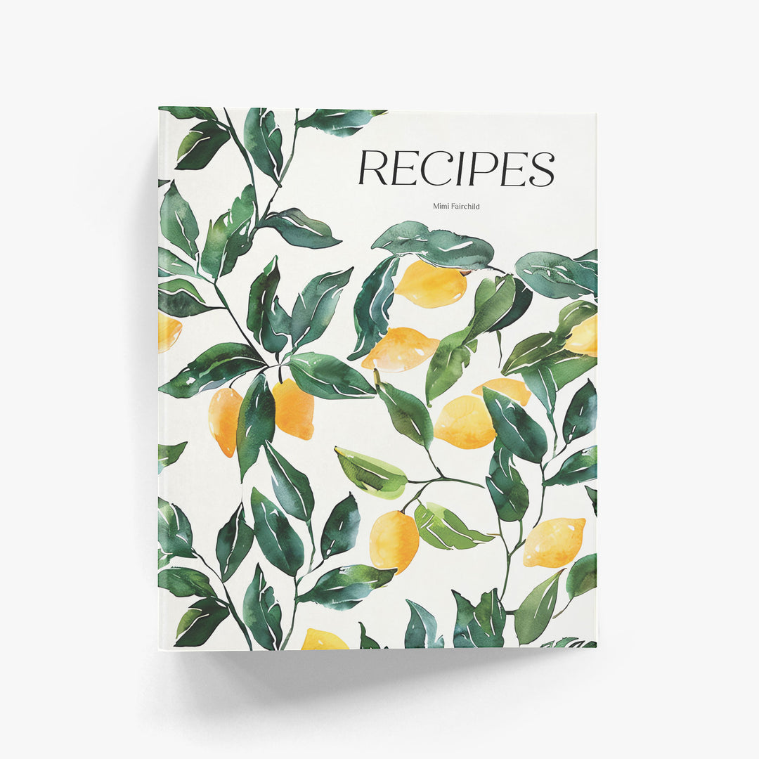 Custom recipe binder with lush yellow lemons and green leaves in a watercolor style personalized with your name