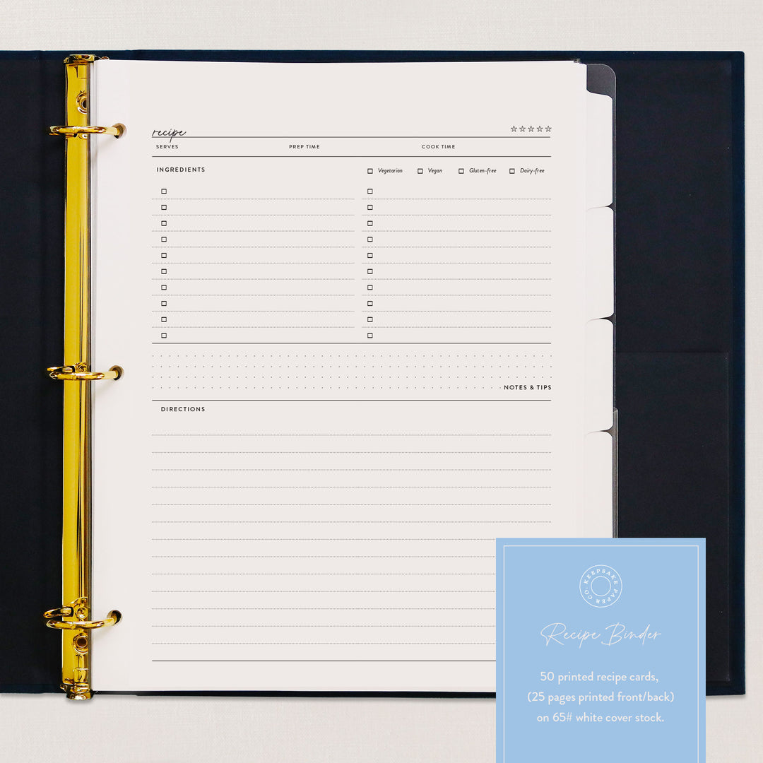 Custom recipe binder includes 50 recipe cards, 25 pages printed front/back on white 65lb cover stock